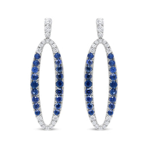 18K White Gold 1.11 Cttw Blue Round Diamond and Blue Sapphire Openwork Oval Shaped Dangle Earrings (F - G Color, VS1 - VS2 Clarity) - Rieworkes