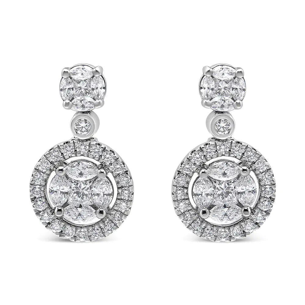 18K White Gold 2.0 Cttw Round Shape Diamond Composite Halo Dangle Stud Earring (F - G Color, VS1 - VS2 Clarity) - Rieworkes