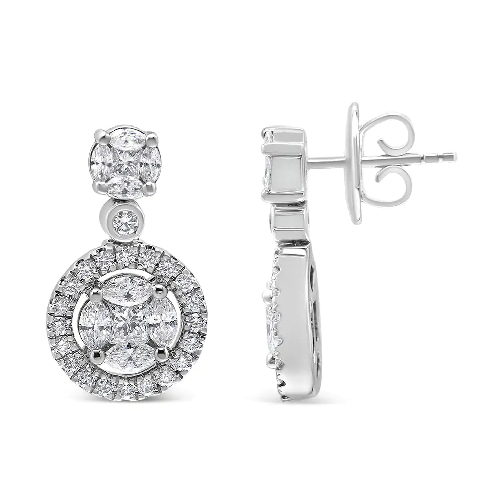 18K White Gold 2.0 Cttw Round Shape Diamond Composite Halo Dangle Stud Earring (F - G Color, VS1 - VS2 Clarity) - Rieworkes