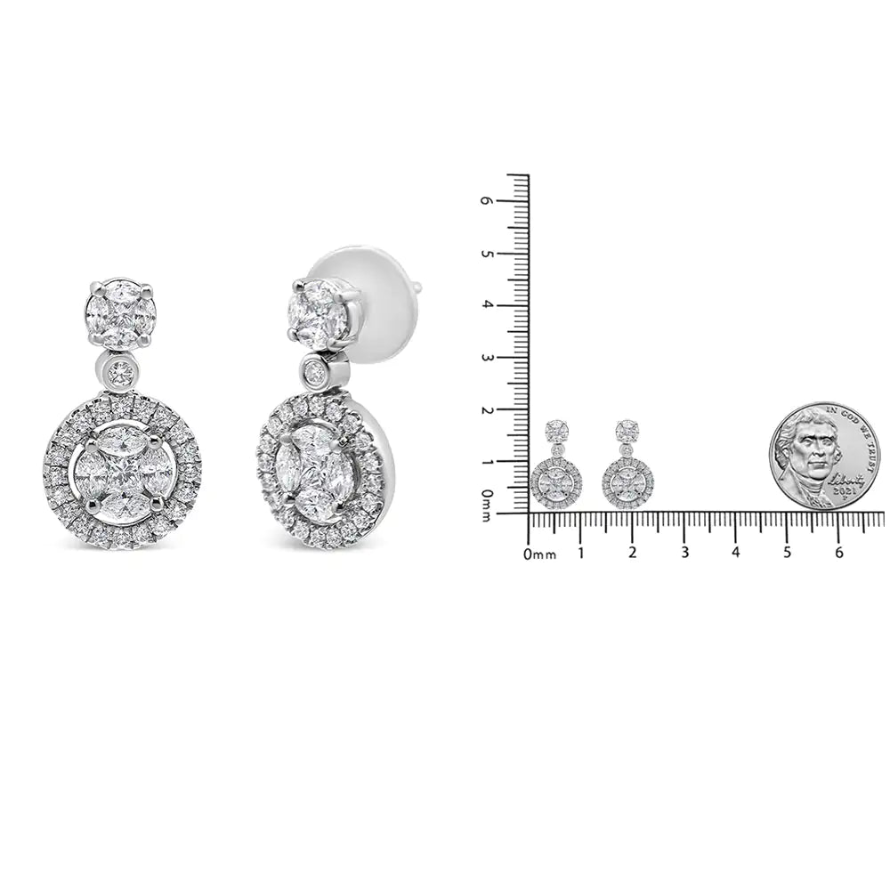 18K White Gold 2.0 Cttw Round Shape Diamond Composite Halo Dangle Stud Earring (F - G Color, VS1 - VS2 Clarity) - Rieworkes