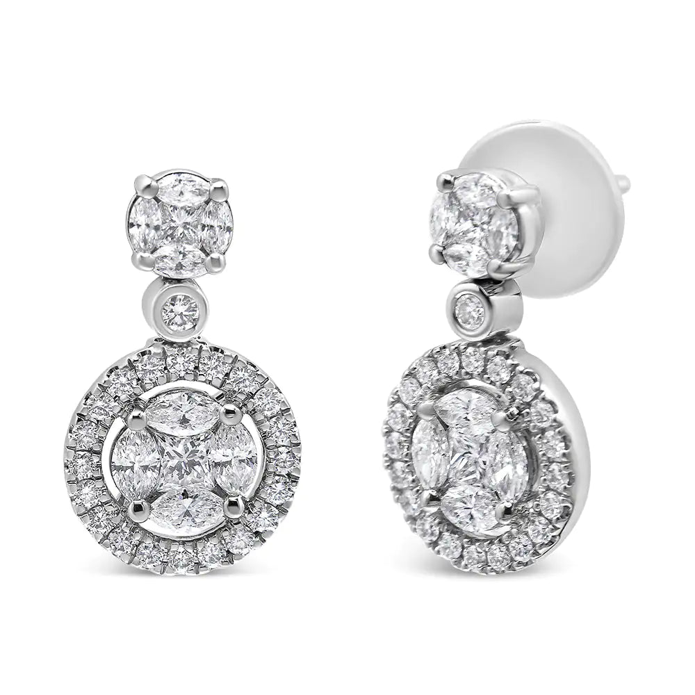 18K White Gold 2.0 Cttw Round Shape Diamond Composite Halo Dangle Stud Earring (F - G Color, VS1 - VS2 Clarity) - Rieworkes