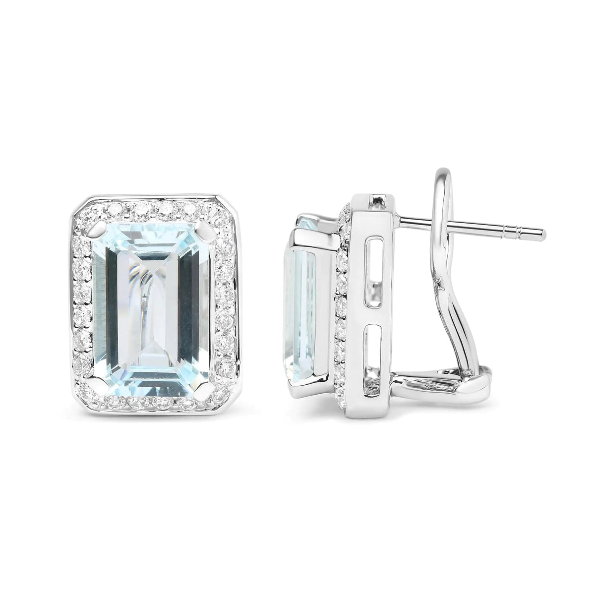 18K White Gold 3/4 Cttw Round Diamond and 13x9mm Emerald Cut Blue Aquamarine Gemstone Halo Omega Stud Earrings (G - H Color, SI1 - SI2 Clarity) - Rieworkes