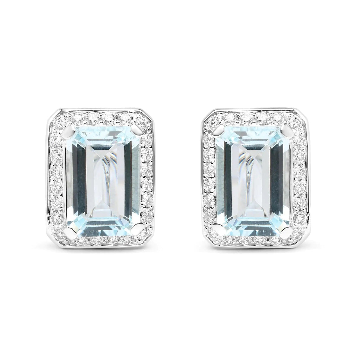 18K White Gold 3/4 Cttw Round Diamond and 13x9mm Emerald Cut Blue Aquamarine Gemstone Halo Omega Stud Earrings (G - H Color, SI1 - SI2 Clarity) - Rieworkes