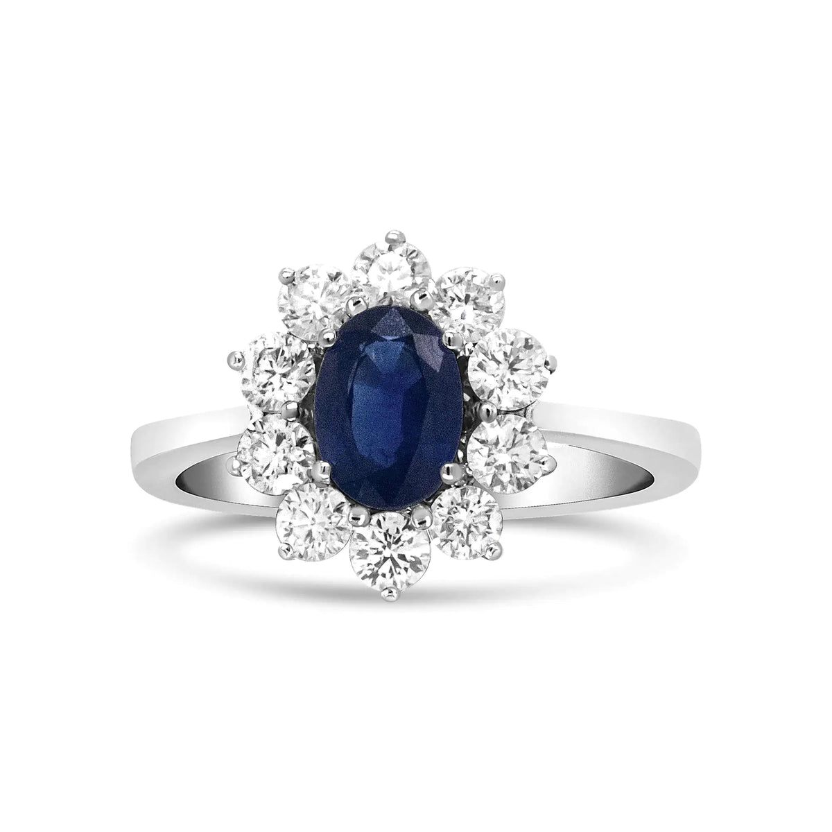 18K White Gold 7x5 mm Oval Cut Blue Sapphire and Round Diamond 3/4 Cttw Sunburst Halo Ring (F - G Color, VS1 - VS2 Clarity) - Rieworkes
