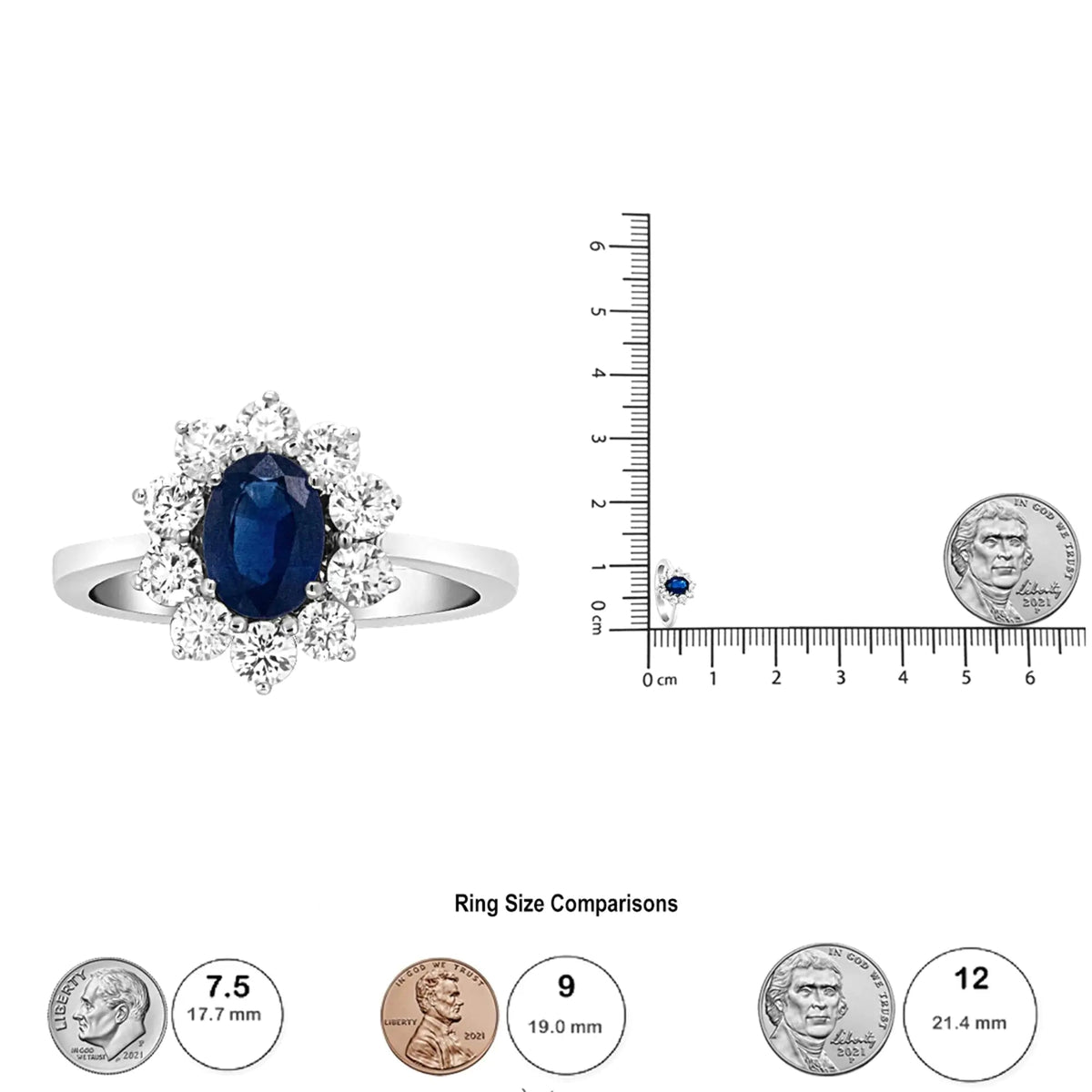 18K White Gold 7x5 mm Oval Cut Blue Sapphire and Round Diamond 3/4 Cttw Sunburst Halo Ring (F - G Color, VS1 - VS2 Clarity) - Rieworkes