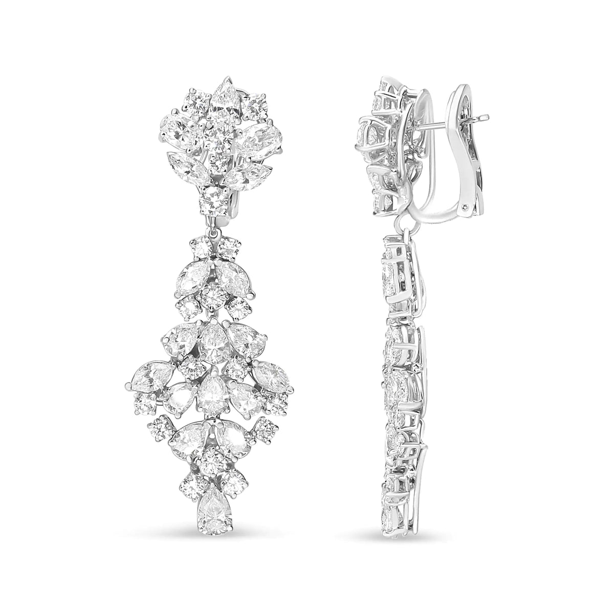 18K White Gold 9 1/2 Cttw Diamond Cluster Drop Dangle Clip - On Earrings (F - G Color, VS1 - VS2 Clarity) - Rieworkes