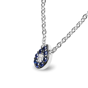 18K White Gold Diamond Accent and 1mm Round Blue Sapphire Gemstone Halo Teardrop Pendant Necklace (G - H Color, SI1 - SI2 Clarity) - Adjustable up to 15.5" - 17" - Rieworkes