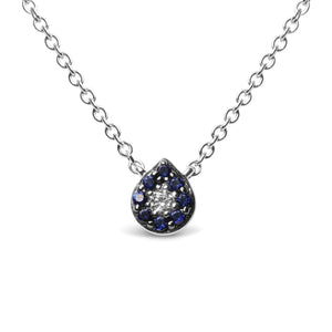 18K White Gold Diamond Accent and 1mm Round Blue Sapphire Gemstone Halo Teardrop Pendant Necklace (G - H Color, SI1 - SI2 Clarity) - Adjustable up to 15.5" - 17" - Rieworkes