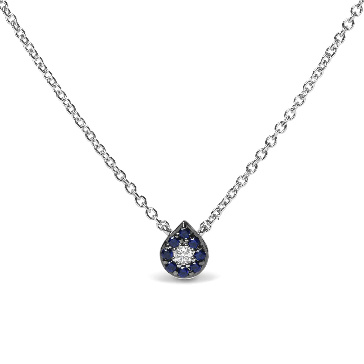 18K White Gold Diamond Accent and 1mm Round Blue Sapphire Gemstone Halo Teardrop Pendant Necklace (G - H Color, SI1 - SI2 Clarity) - Adjustable up to 15.5&quot; - 17&quot; - Rieworkes