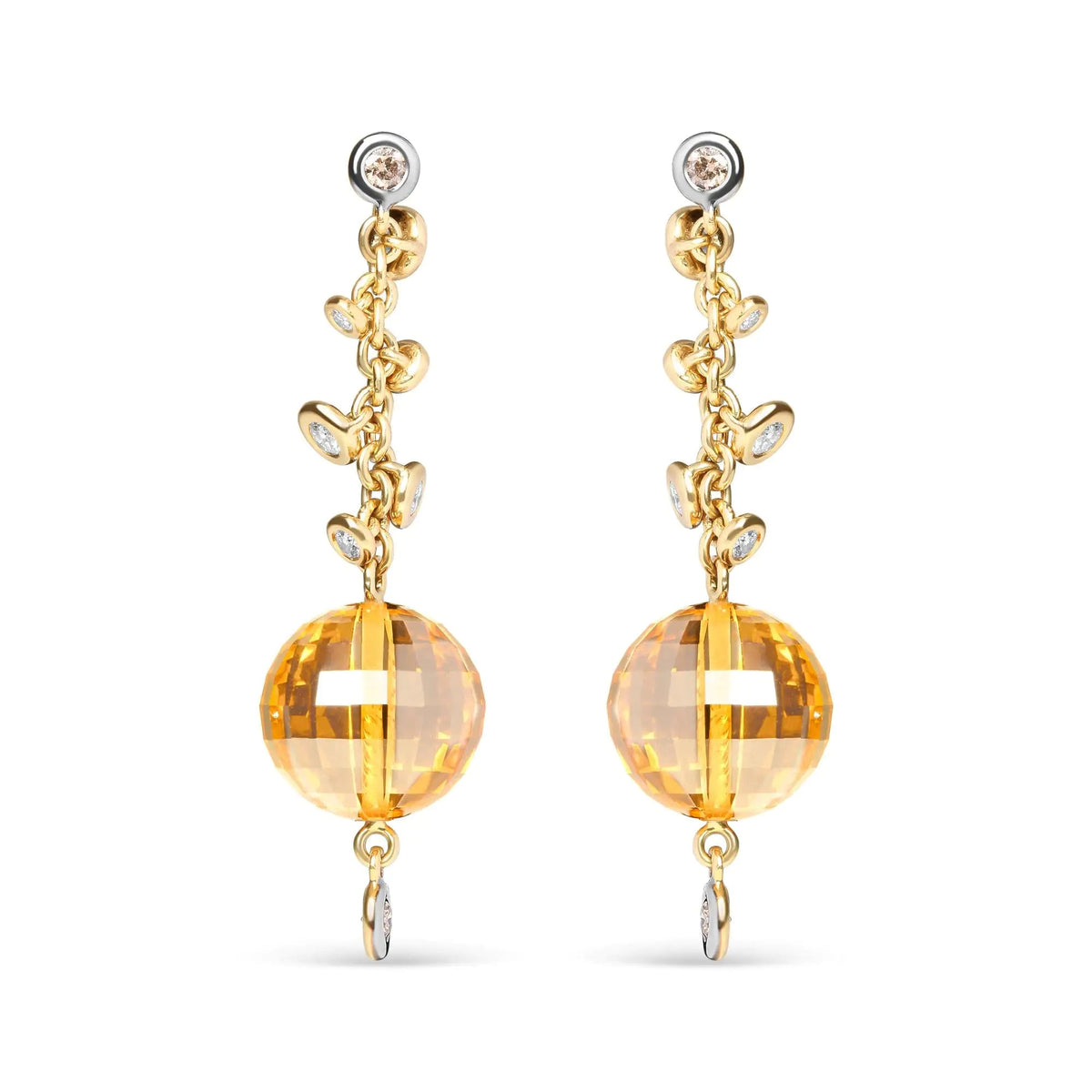 18K Yellow Gold 2/3 Cttw Round Bezel Diamond and 25mm Ball Shaped Yellow Citrine Gemstone Dangle Stud Earring (Brown and G - H Color, SI1 - SI2 Clarity) - Rieworkes