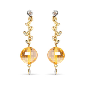 18K Yellow Gold 2/3 Cttw Round Bezel Diamond and 25mm Ball Shaped Yellow Citrine Gemstone Dangle Stud Earring (Brown and G - H Color, SI1 - SI2 Clarity) - Rieworkes