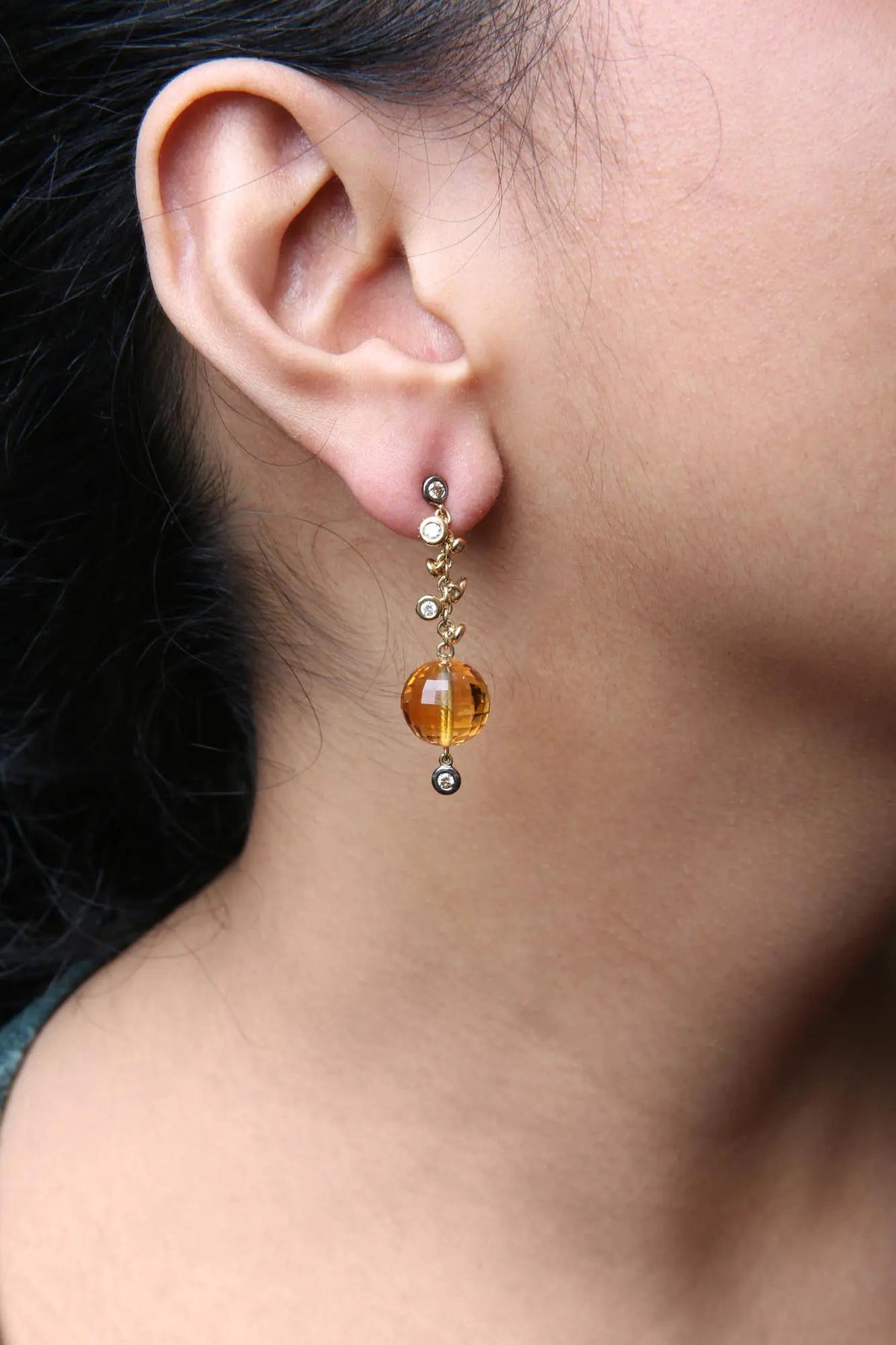 18K Yellow Gold 2/3 Cttw Round Bezel Diamond and 25mm Ball Shaped Yellow Citrine Gemstone Dangle Stud Earring (Brown and G - H Color, SI1 - SI2 Clarity) - Rieworkes