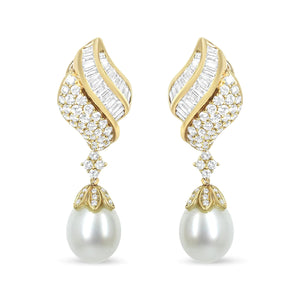 18k Yellow Gold 7.0 Cttw Baguette and Round Diamond South Sea Pearl Drop Dangle Clip - On Earrings (F - G Color, VS1 - VS2 Clarity) - Rieworkes