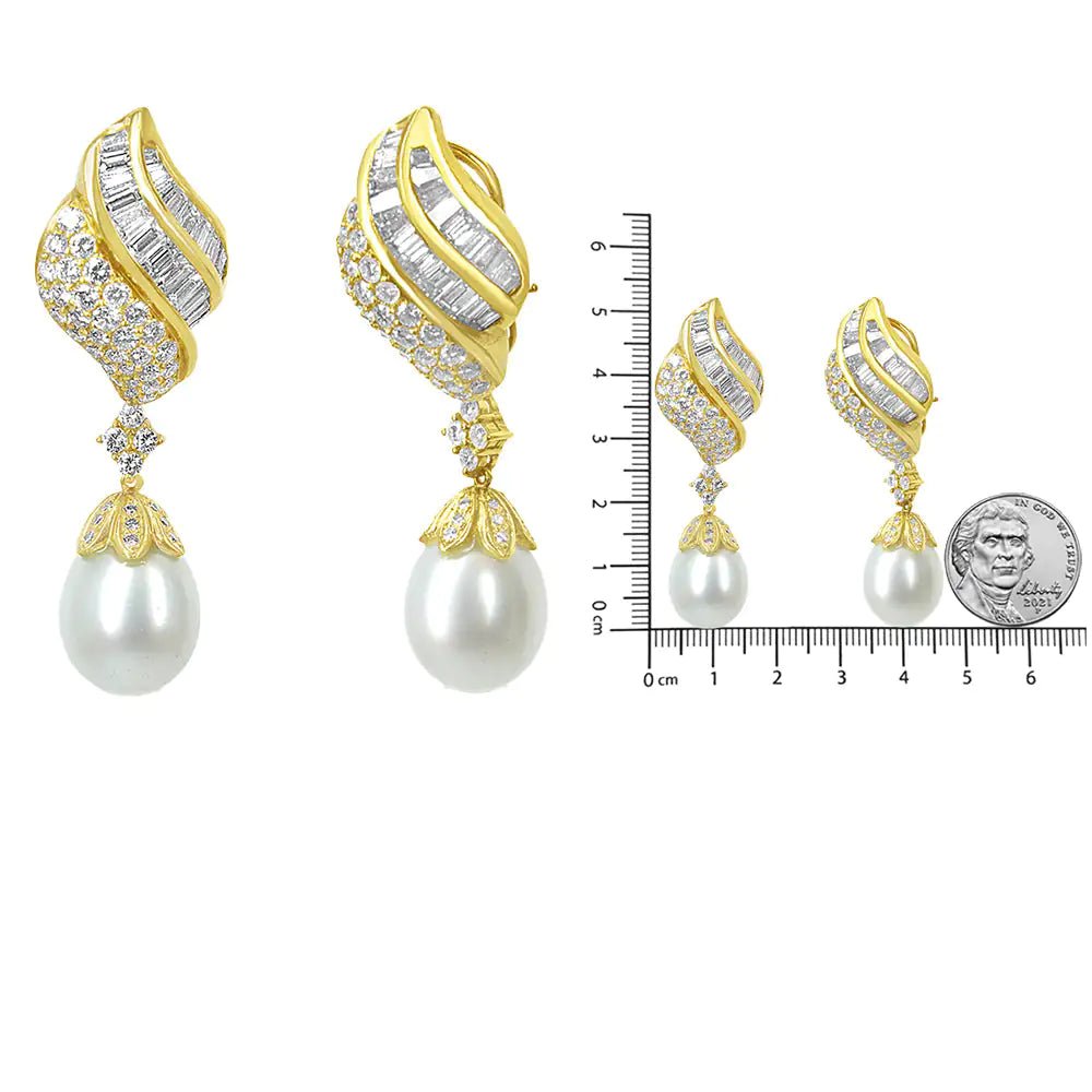 18k Yellow Gold 7.0 Cttw Baguette and Round Diamond South Sea Pearl Drop Dangle Clip - On Earrings (F - G Color, VS1 - VS2 Clarity) - Rieworkes