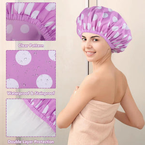 2 Packs Large Shower Caps for Women, Reusable Waterproof Shower Cap Bath Caps with Hair Scrunchies for Long Thick Hair (Purple/Orange) purple, orange - Rieworkes