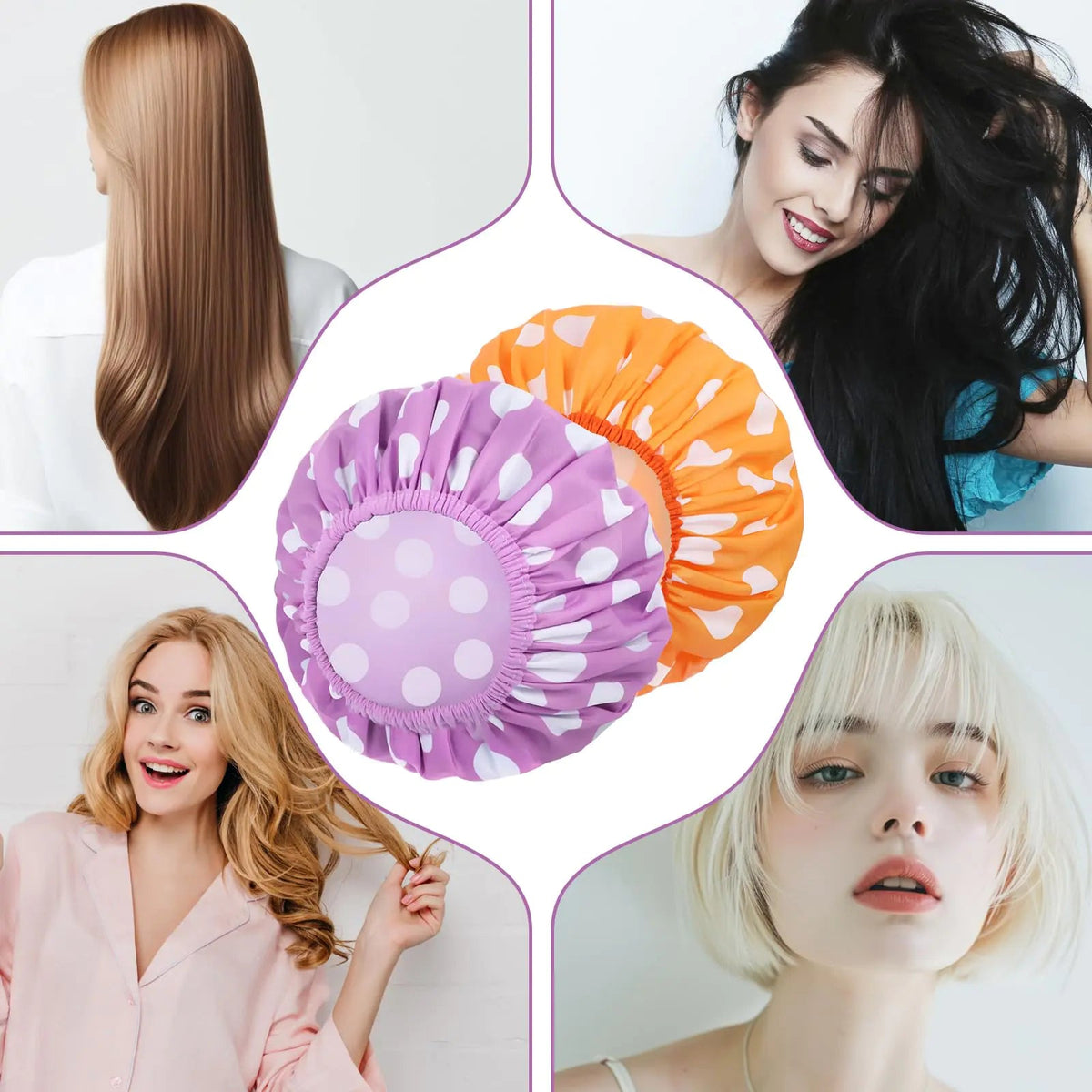 2 Packs Large Shower Caps for Women, Reusable Waterproof Shower Cap Bath Caps with Hair Scrunchies for Long Thick Hair (Purple/Orange) purple, orange - Rieworkes