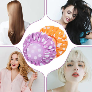 2 Packs Large Shower Caps for Women, Reusable Waterproof Shower Cap Bath Caps with Hair Scrunchies for Long Thick Hair (Purple/Orange) purple, orange - Rieworkes