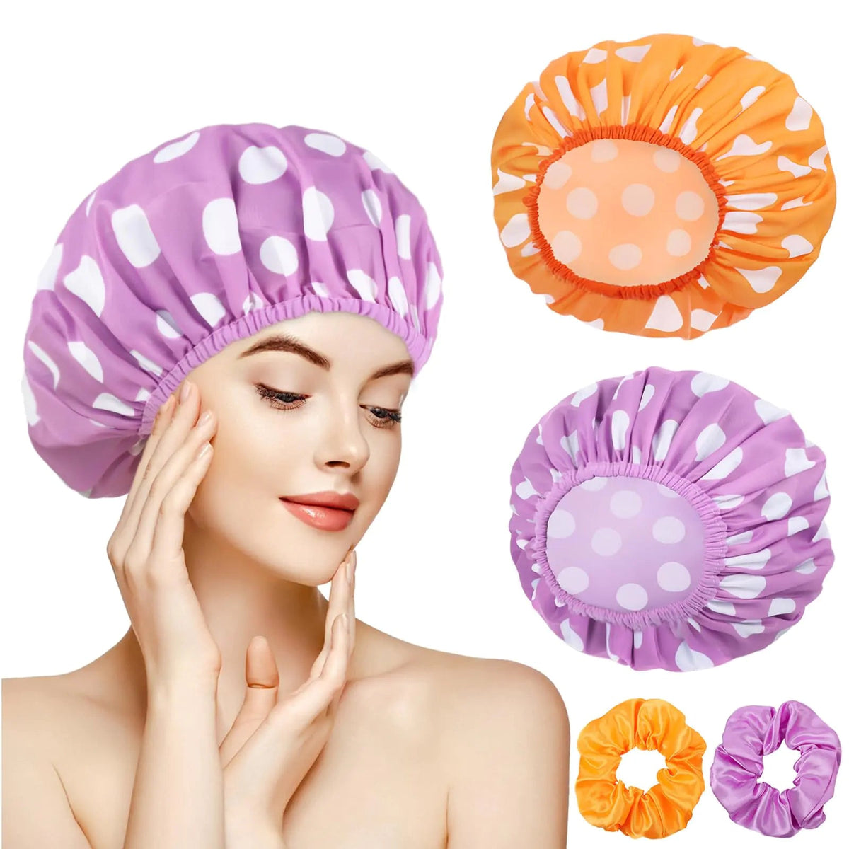 2 Packs Large Shower Caps for Women, Reusable Waterproof Shower Cap Bath Caps with Hair Scrunchies for Long Thick Hair (Purple/Orange) purple, orange - Rieworkes