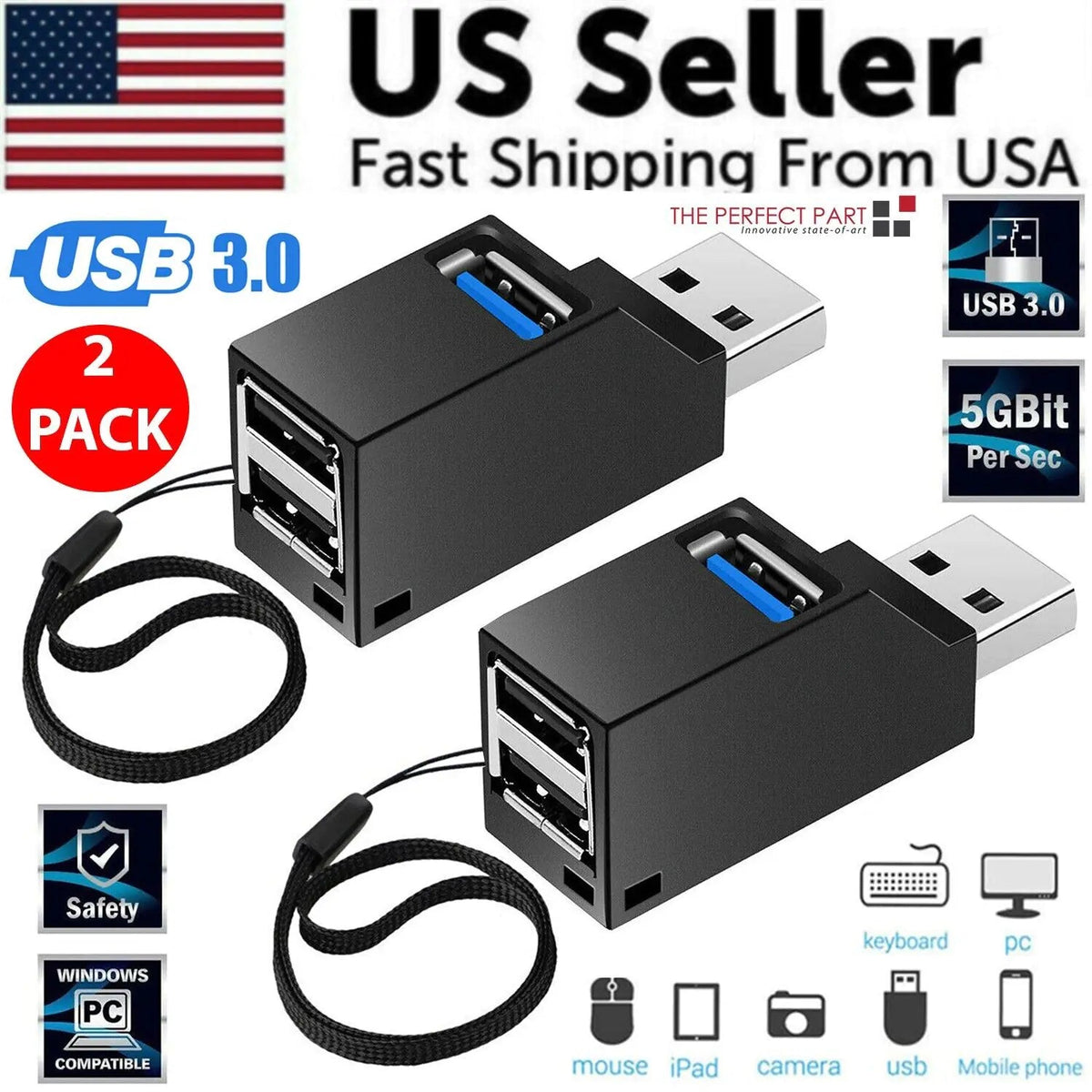 2 Pcs 3 Port USB 3.0 Hub Portable High Speed Splitter Box For PC Notebook Laptop - Rieworkes
