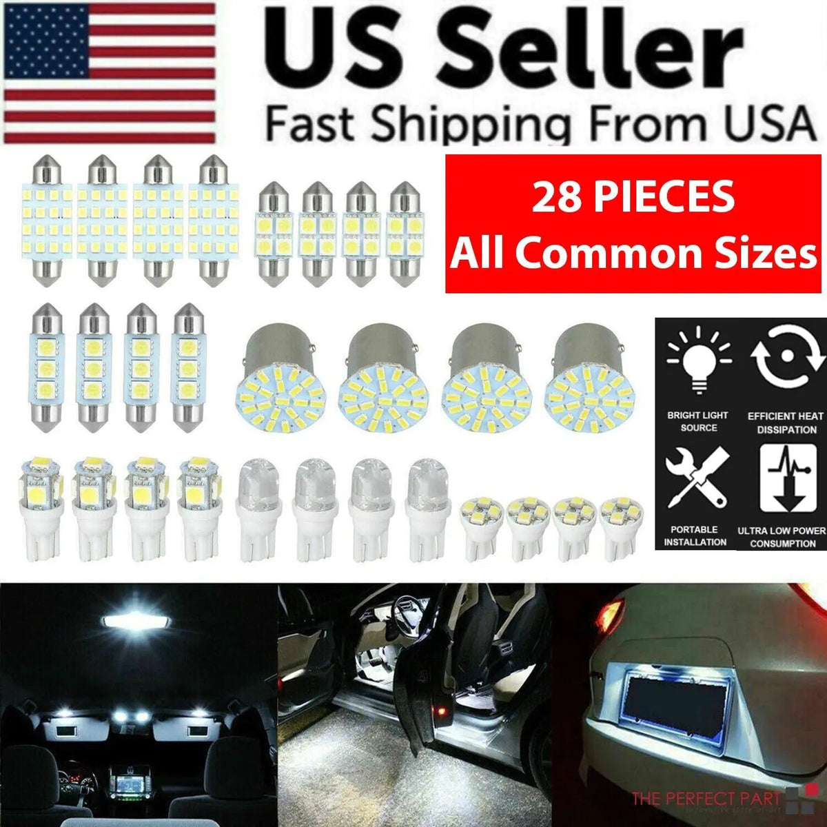 28pcs Car Interior White Combo LED Map Dome Door Trunk License Plate Light Bulbs - Rieworkes