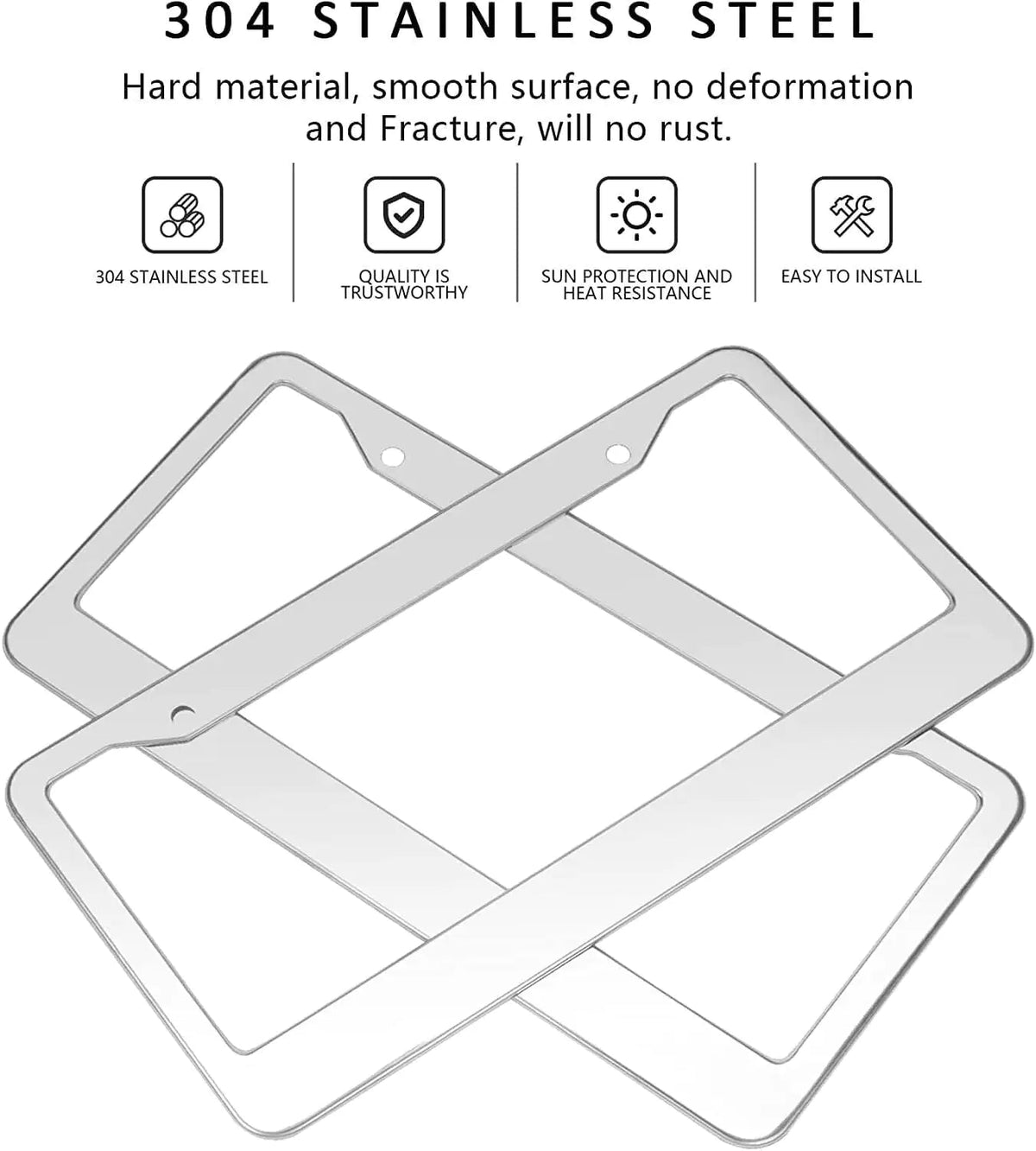 2PCS Chrome Stainless Steel Metal License Plate Frame Tag Cover With Screw Caps - Rieworkes