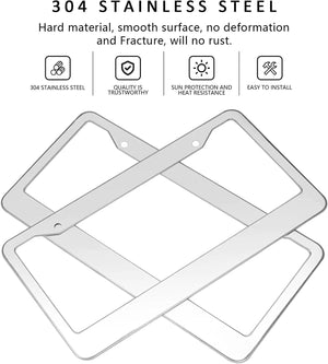 2PCS Chrome Stainless Steel Metal License Plate Frame Tag Cover With Screw Caps - Rieworkes