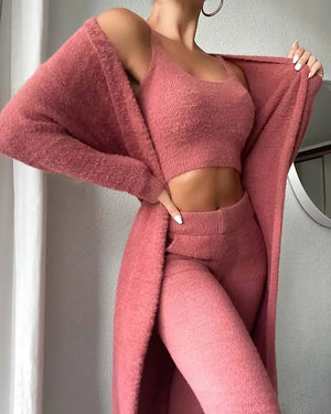 3 Pcs Womens Clothing Fashion Solid Fluffy Plain Crop Top & Skinny Pants & Longline Coat Set Warm Cozy Suit Sets - Rieworkes