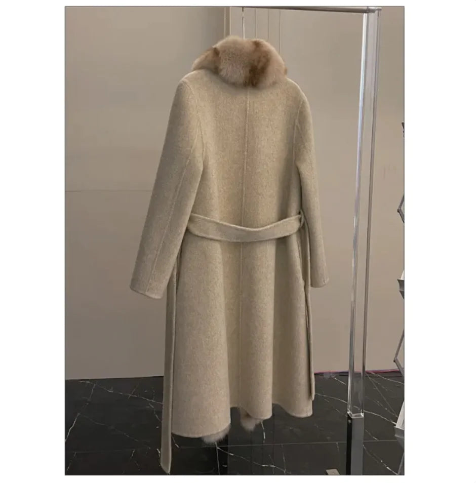 Alpaca Fleece Coat with Detachable Fox Fur Collar