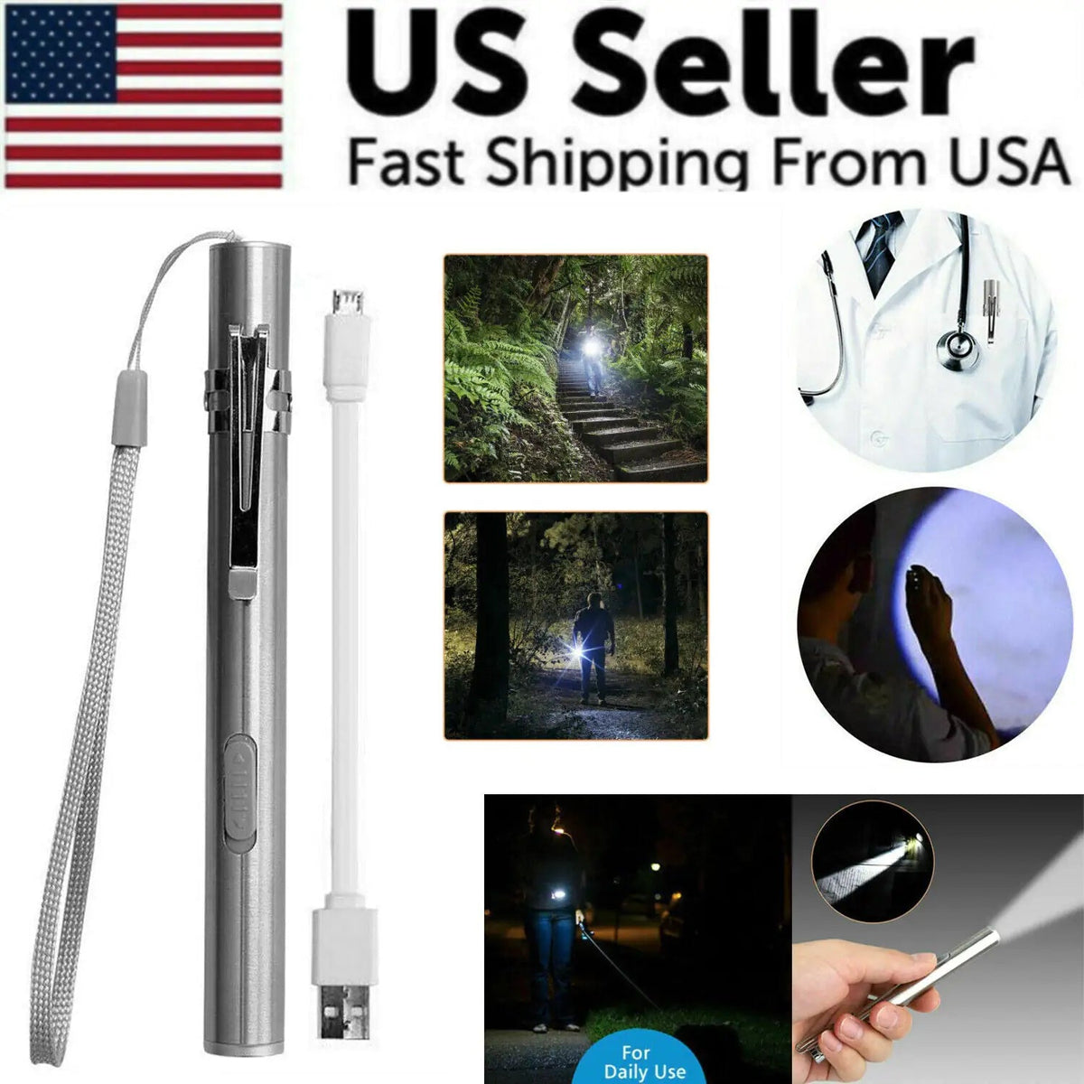 5" LED USB Rechargeable Mini Tactical Flashlight Stainless Steel Torch Pen Light - Rieworkes