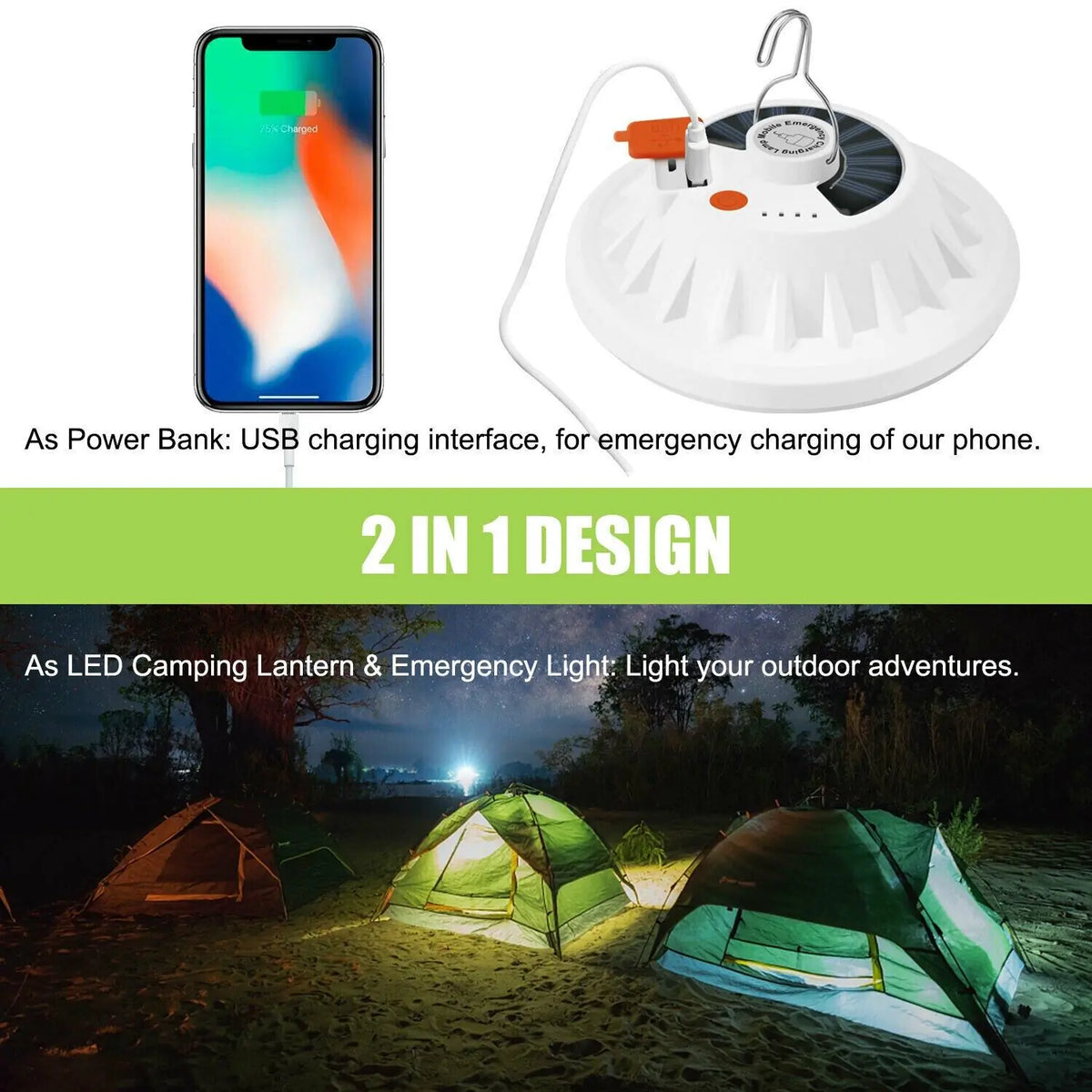 Rechargeable 60 LED Outdoor Camping Tent Light USB &amp; Solar Lantern Hiking Lamp Rieworkes