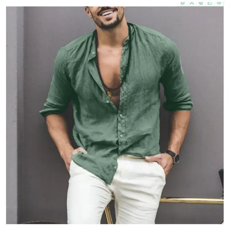 Solid Color Long Sleeve Button Stand Collar Men's Shirt