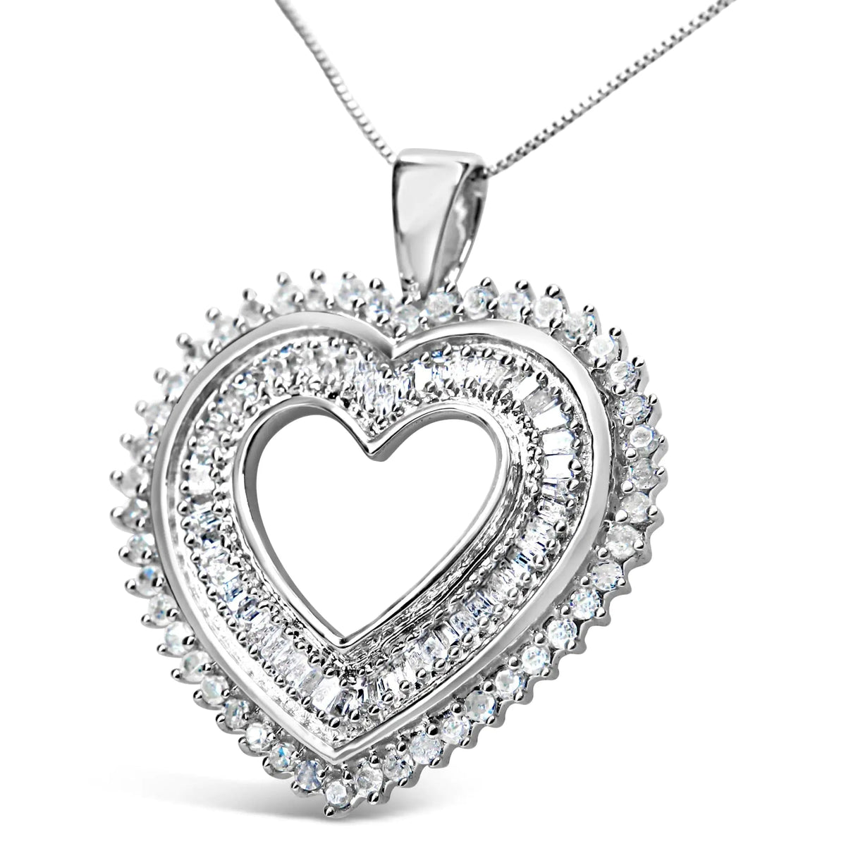 .925 Sterling Silver 1.0 Cttw Baguette and Round Diamond Heart Pendant 18&quot; Necklace (H - I Color, I3 Clarity) - Rieworkes
