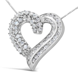 .925 Sterling Silver 1.0 Cttw Prong & Channel - Set Diamond Open work Ribbon Heart Pendant 18" Necklace (I - J Color, I3 Clarity) - Rieworkes