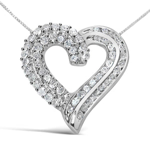 .925 Sterling Silver 1.0 Cttw Prong & Channel - Set Diamond Open work Ribbon Heart Pendant 18" Necklace (I - J Color, I3 Clarity) - Rieworkes