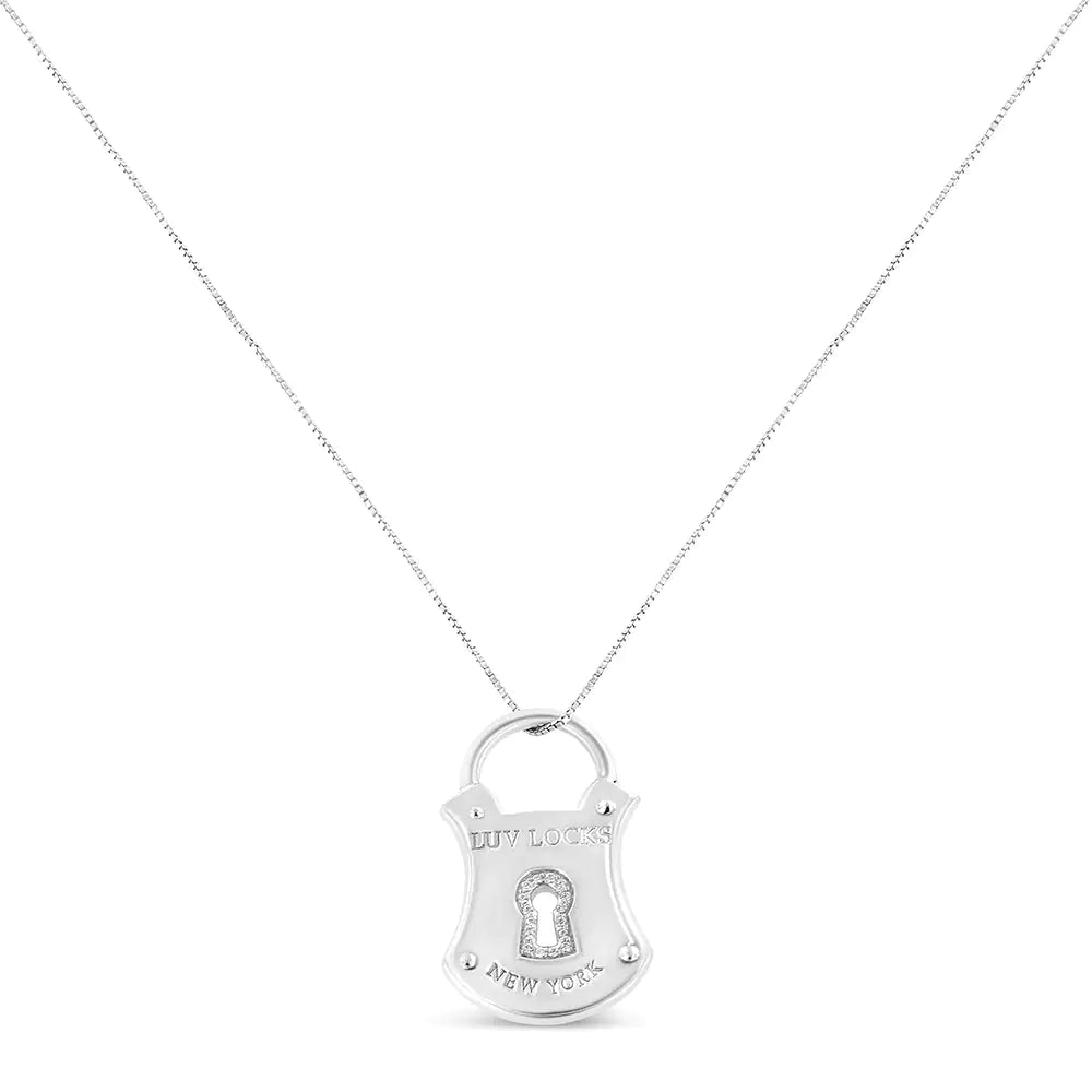 .925 Sterling Silver 1/10 Cttw Diamond Lock Pendant 18&quot; Necklace (H - I Color, I1 - I2 Clarity) - Rieworkes