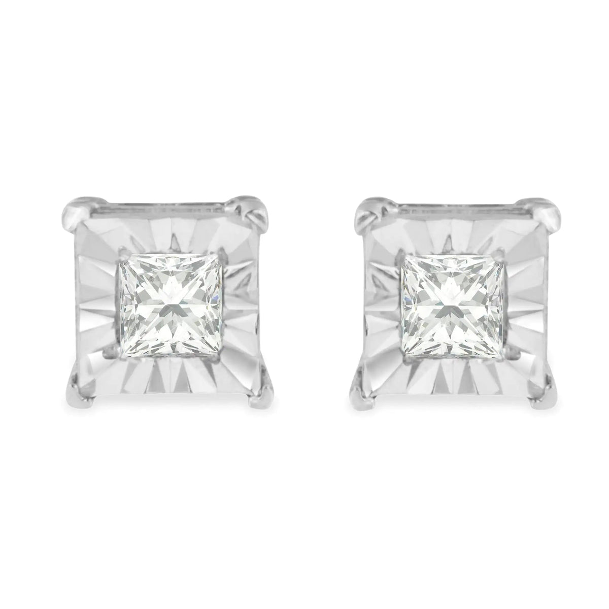 .925 Sterling Silver 1/4 Cttw Princess - Cut Square Near Colorless Diamond Solitaire Miracle - Plate Stud Earrings (H - I Color, I2 - I3 Clarity) - Rieworkes