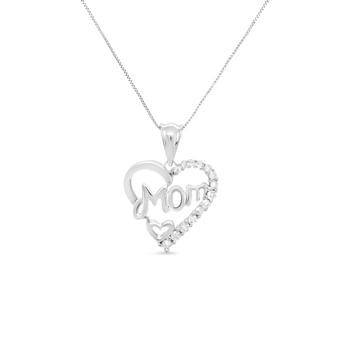 .925 Sterling Silver 1/4 Cttw Round Diamond &quot;Mom&quot; Openwork Heart Pendant 18&quot; Necklace (I - J Color, I2 - I3 Clarity) - Rieworkes