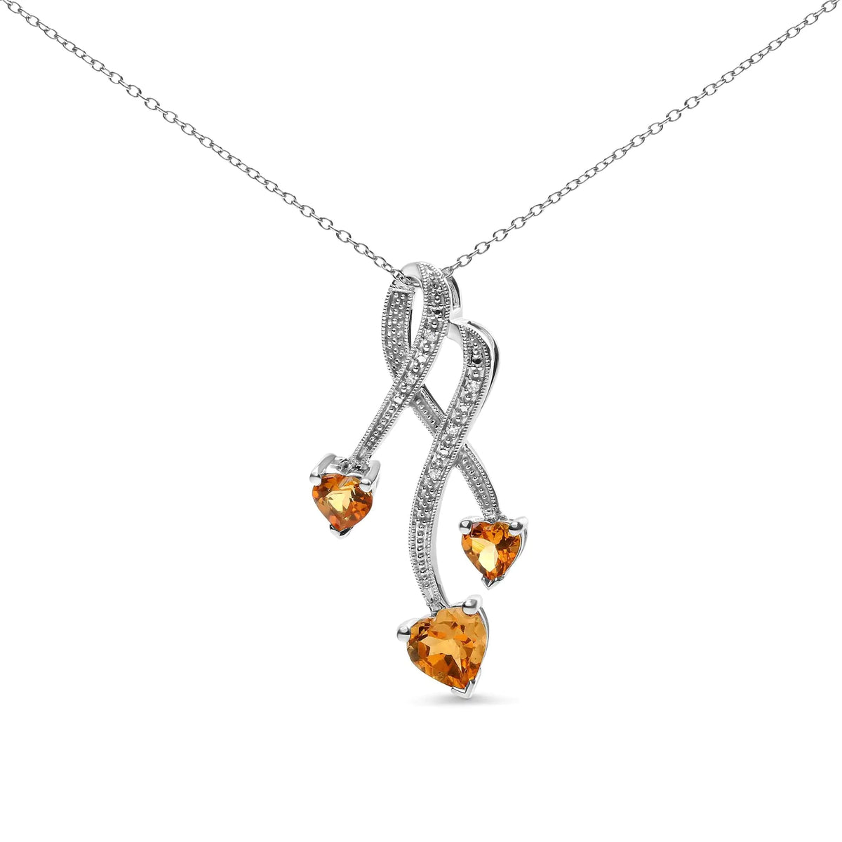 .925 Sterling Silver 3 - Stone Heart Shape Citrine and Diamond Accent Spiral Drop 18&quot; Pendant Necklace (H - I Color, SI1 - SI2 Clarity) - Rieworkes