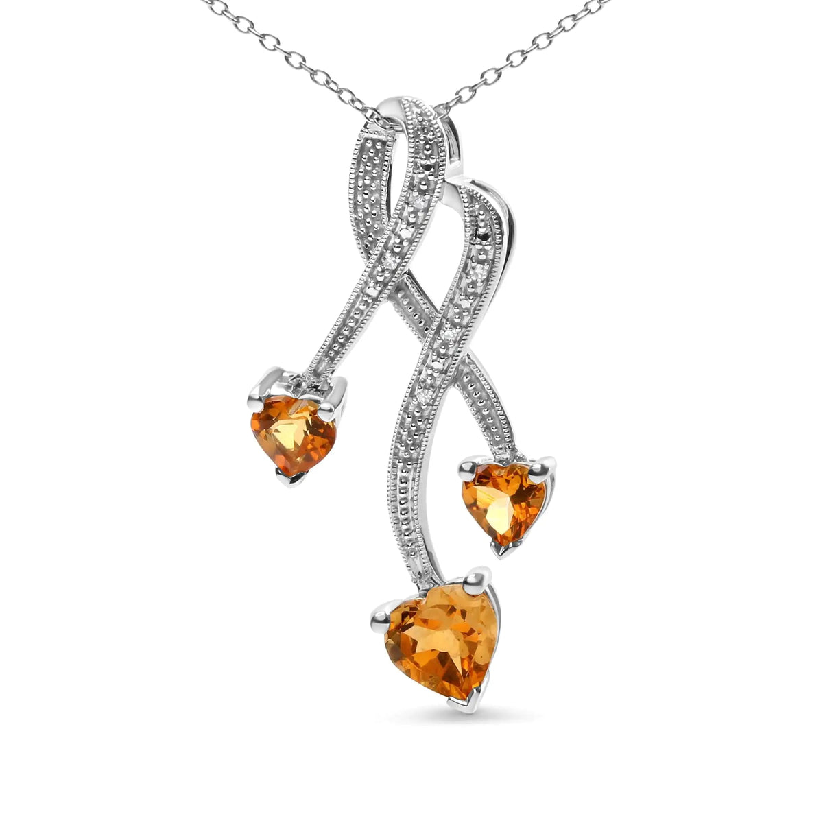 .925 Sterling Silver 3 - Stone Heart Shape Citrine and Diamond Accent Spiral Drop 18&quot; Pendant Necklace (H - I Color, SI1 - SI2 Clarity) - Rieworkes