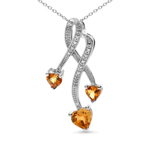 .925 Sterling Silver 3 - Stone Heart Shape Citrine and Diamond Accent Spiral Drop 18" Pendant Necklace (H - I Color, SI1 - SI2 Clarity) - Rieworkes