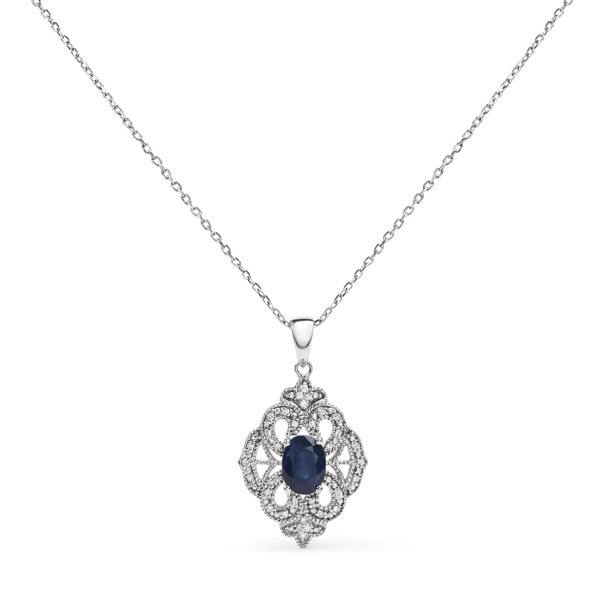 .925 Sterling Silver 7x5 MM Oval Blue Sapphire and Diamond Accent Art Deco Style Shield Shaped 18&quot; Pendant Necklace (I - J Color, I3 Clarity) - Rieworkes