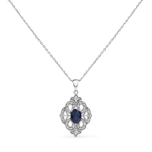 .925 Sterling Silver 7x5 MM Oval Blue Sapphire and Diamond Accent Art Deco Style Shield Shaped 18" Pendant Necklace (I - J Color, I3 Clarity) - Rieworkes