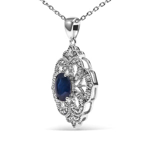.925 Sterling Silver 7x5 MM Oval Blue Sapphire and Diamond Accent Art Deco Style Shield Shaped 18" Pendant Necklace (I - J Color, I3 Clarity) - Rieworkes
