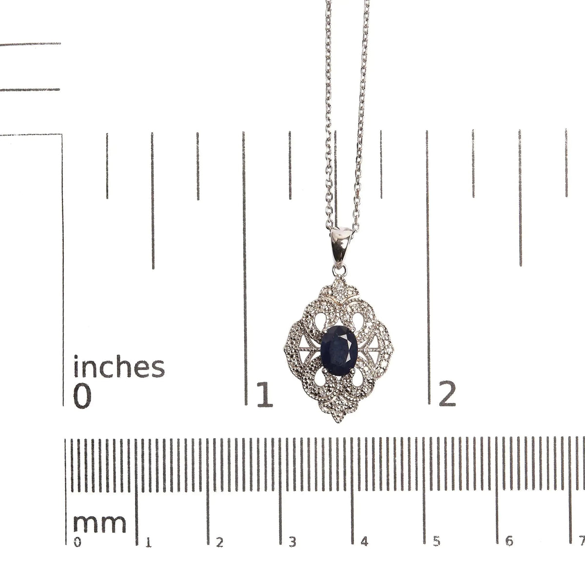 .925 Sterling Silver 7x5 MM Oval Blue Sapphire and Diamond Accent Art Deco Style Shield Shaped 18&quot; Pendant Necklace (I - J Color, I3 Clarity) - Rieworkes