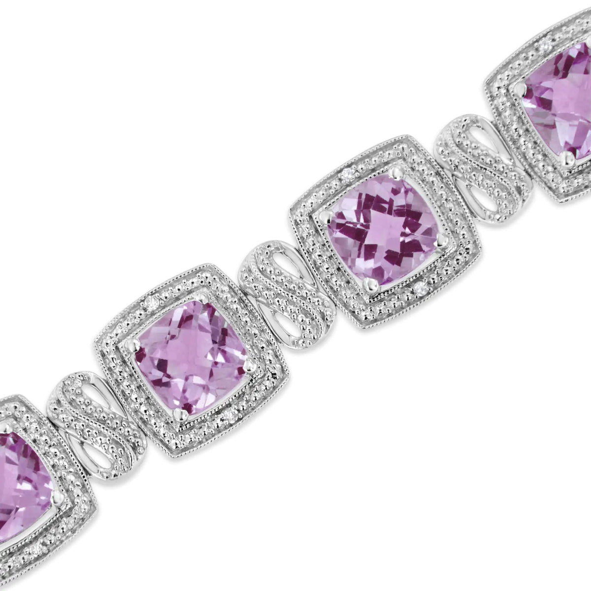 .925 Sterling Silver 7x7 mm Cushion Cut Purple Amethyst and 1/10 cttw Round Cut Diamond Square Shape Tennis Bracelet (I - J Color, I1 - I2 Clarity) - 7&quot; - Rieworkes