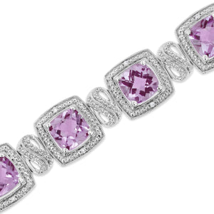 .925 Sterling Silver 7x7 mm Cushion Cut Purple Amethyst and 1/10 cttw Round Cut Diamond Square Shape Tennis Bracelet (I - J Color, I1 - I2 Clarity) - 7" - Rieworkes