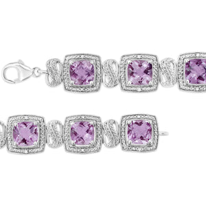 .925 Sterling Silver 7x7 mm Cushion Cut Purple Amethyst and 1/10 cttw Round Cut Diamond Square Shape Tennis Bracelet (I - J Color, I1 - I2 Clarity) - 7" - Rieworkes