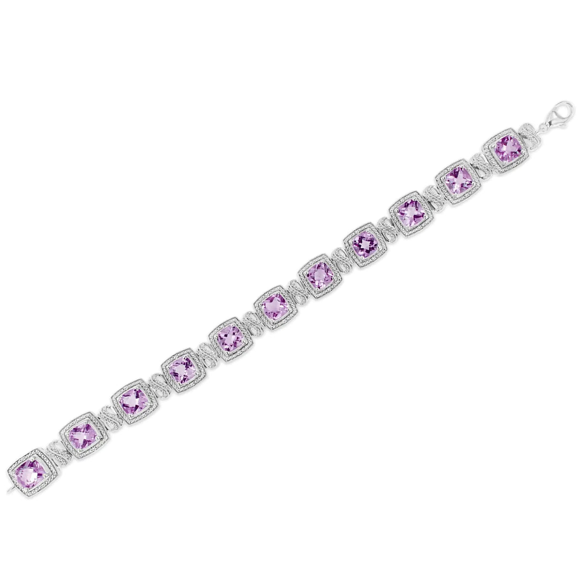 .925 Sterling Silver 7x7 mm Cushion Cut Purple Amethyst and 1/10 cttw Round Cut Diamond Square Shape Tennis Bracelet (I - J Color, I1 - I2 Clarity) - 7&quot; - Rieworkes
