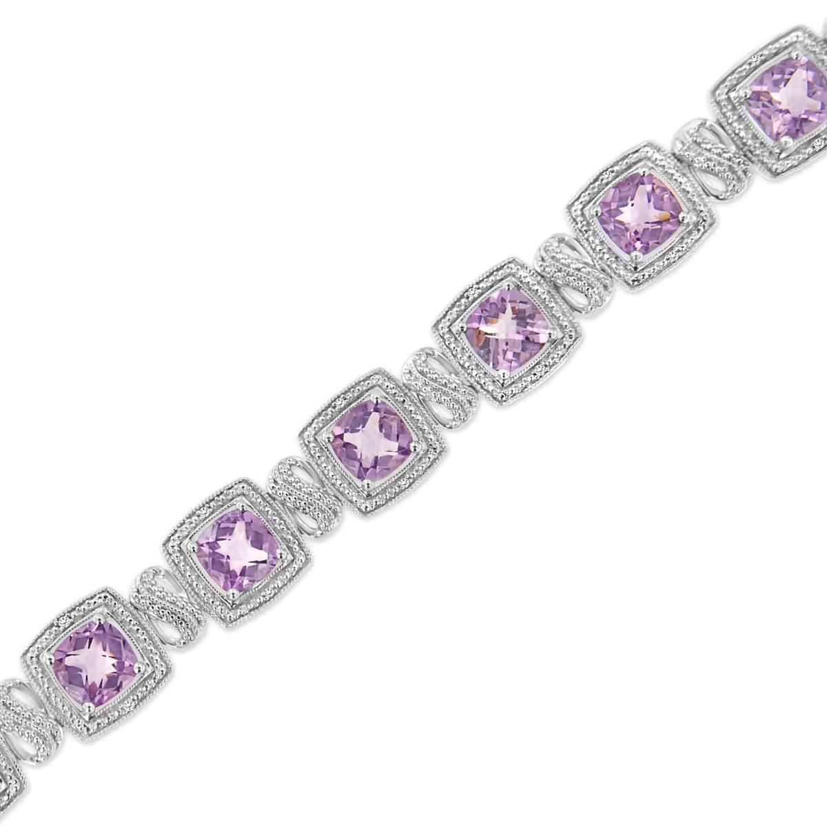 .925 Sterling Silver 7x7 mm Cushion Cut Purple Amethyst and 1/10 cttw Round Cut Diamond Square Shape Tennis Bracelet (I - J Color, I1 - I2 Clarity) - 7&quot; - Rieworkes