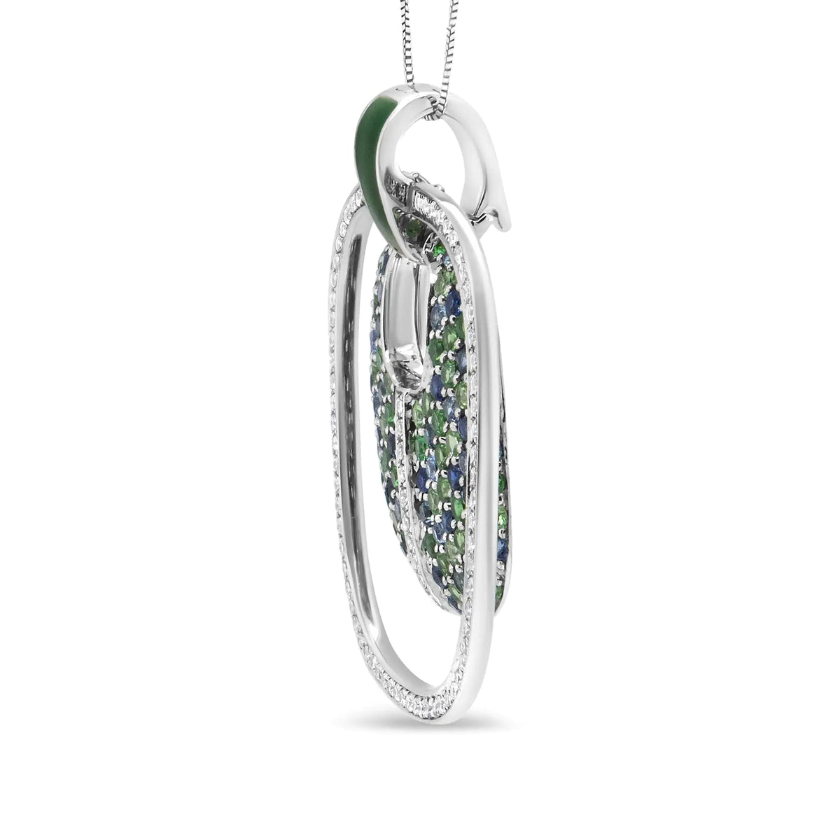 .925 Sterling Silver Green Enamel Pendant with 1/2 Cttw Diamond, Sapphire, and Tsavorite Openwork Statement 18&quot; Pendant Necklace (F - G Color, VS1 - VS2 Clarity) - Rieworkes